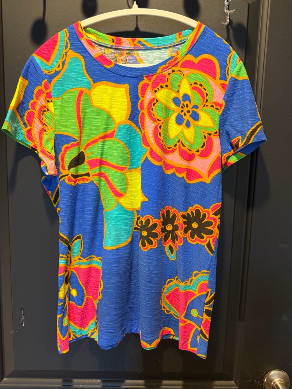 Lilly Pulitzer Blue Floral Short Sleeve Tee with Neon Accents
